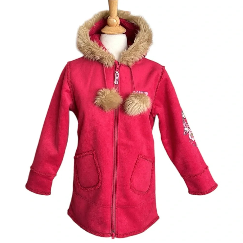 ESPRIT Faux Shearling‎ Coat Girls 12 Pink Embroidered Butterfly Y2K Boho Parka